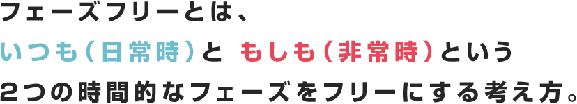 フェーズフリーとは、いつも（日常時）と もしも（非常時）という２つの時間的なフェーズをフリーにする考え方。